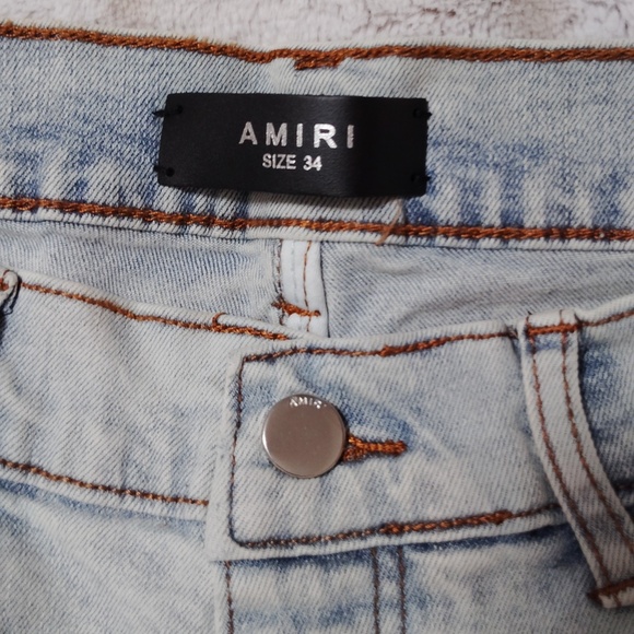 AMIRI Blue Straight Leg Jeans with Distressing and Embroidery